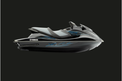 Side view of a black and gray Yamaha jet ski on a dark background.