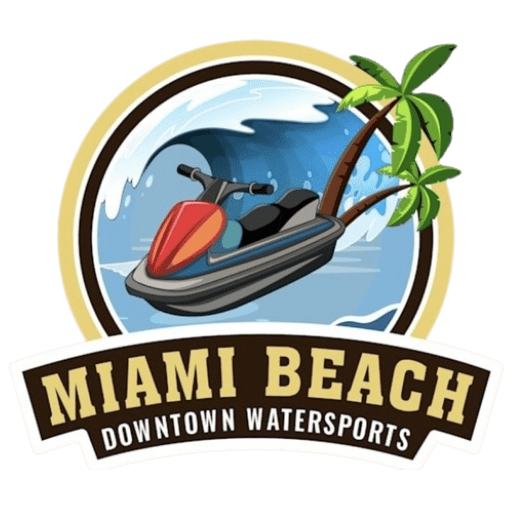 Jet ski on wave with palm trees, logo reads 'Miami Beach Downtown Watersports'.