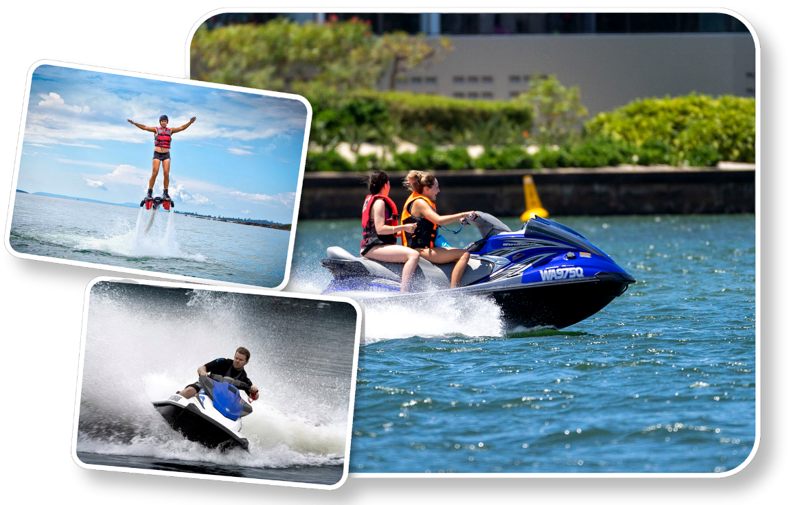 Collage of people jet skiing and hoverboarding on water.