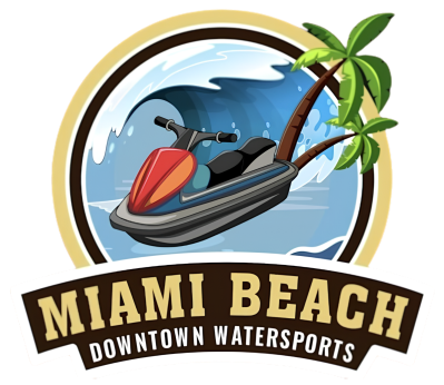 Jet ski on wave with palm tree, text reads 'Miami Beach Downtown Watersports'.